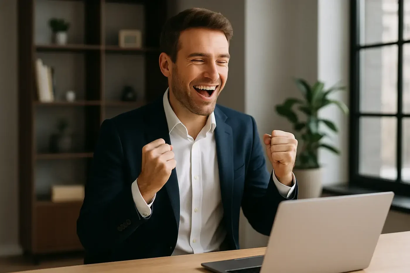 Kunde der Alibiagentur sitzt in seinem Büro und freut sich über seine perfekte Ausrede.