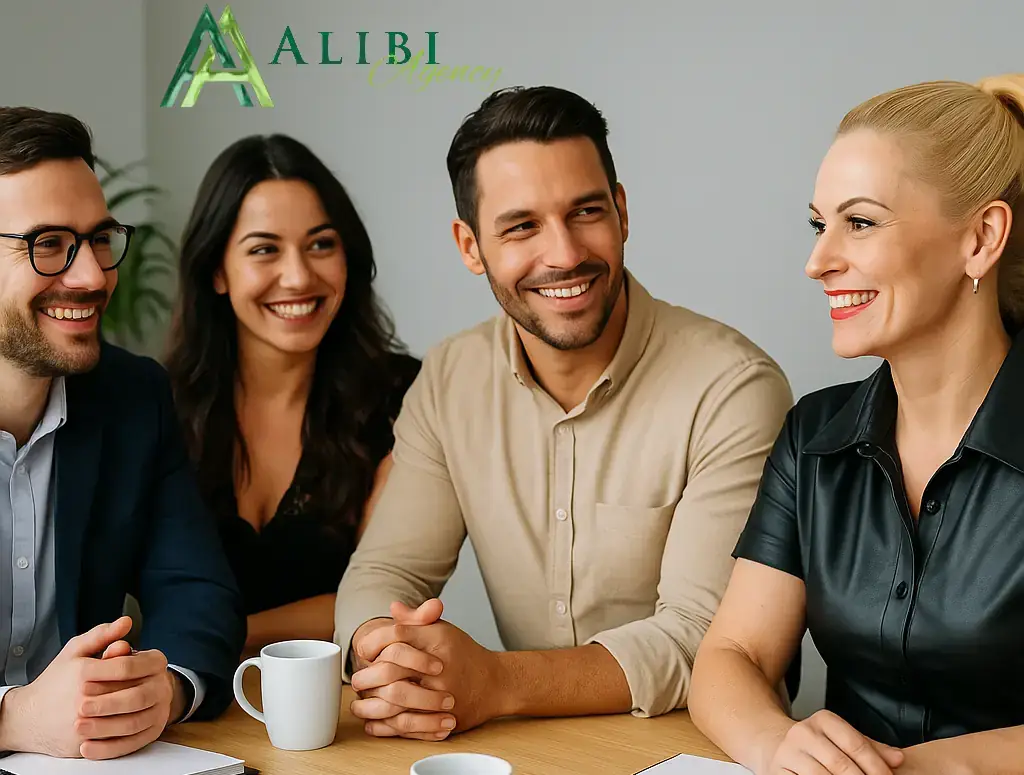 Das Team der Alibiagentur im Büro.