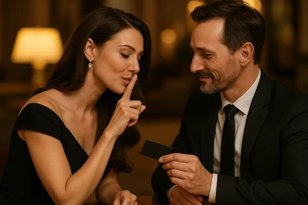 VIP-Kundenkarte der Alibiagentur wird von einer Escortdame einem Kunden überreicht. VIP-Kundenkarte der Alibiagentur wird von einer Escortdame einem Kunden überreicht.