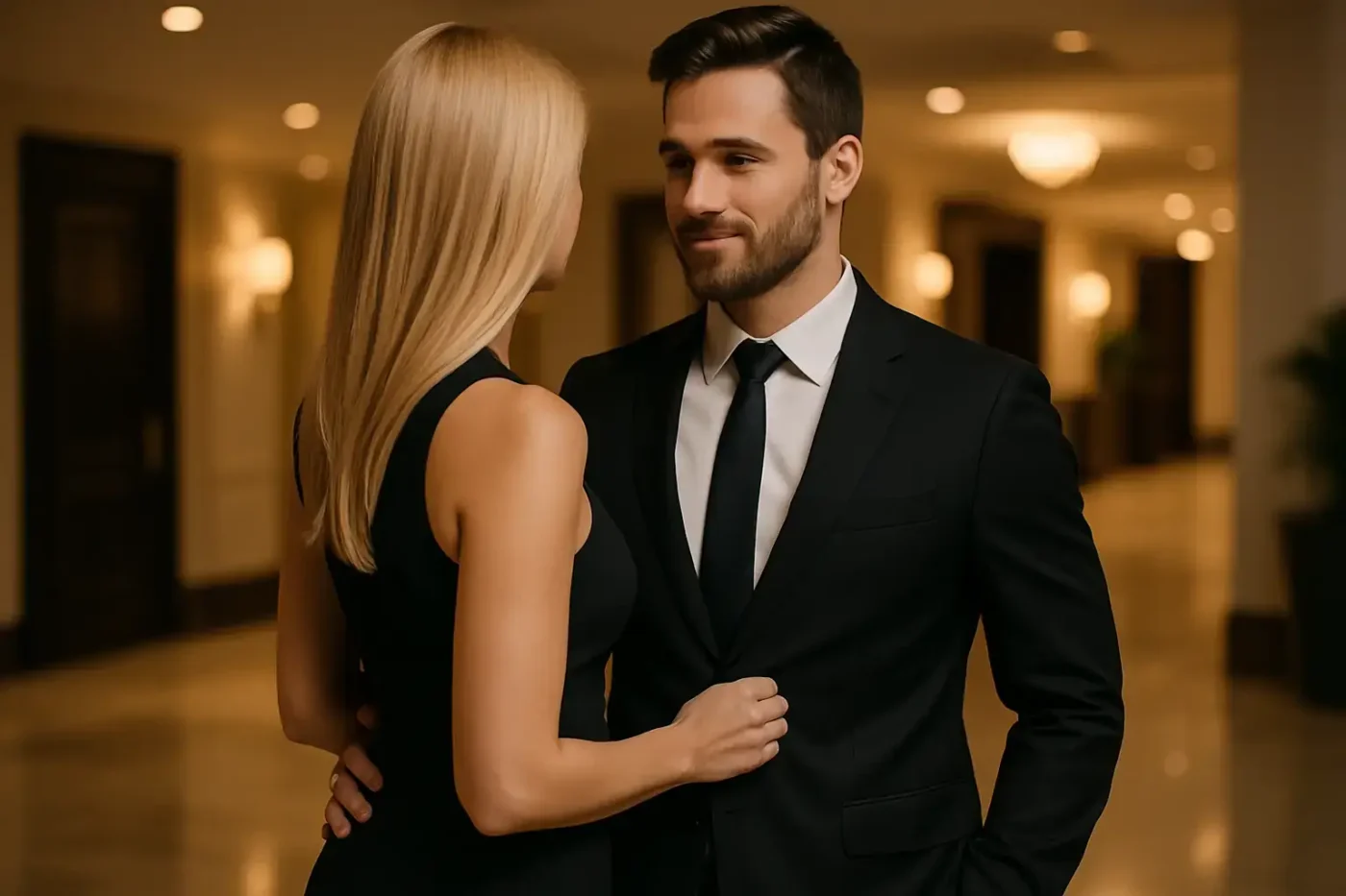 Eine blonde Frau arbeitet als Escort und hat einen elegant gekleideten Kunden. Sie verheimlicht ihren Job als Escortdame.