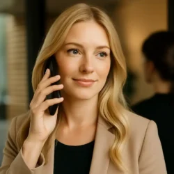 Fake Termine für eine blonde Escortlady telefonisch mitteilen für neugierige Mithörer.