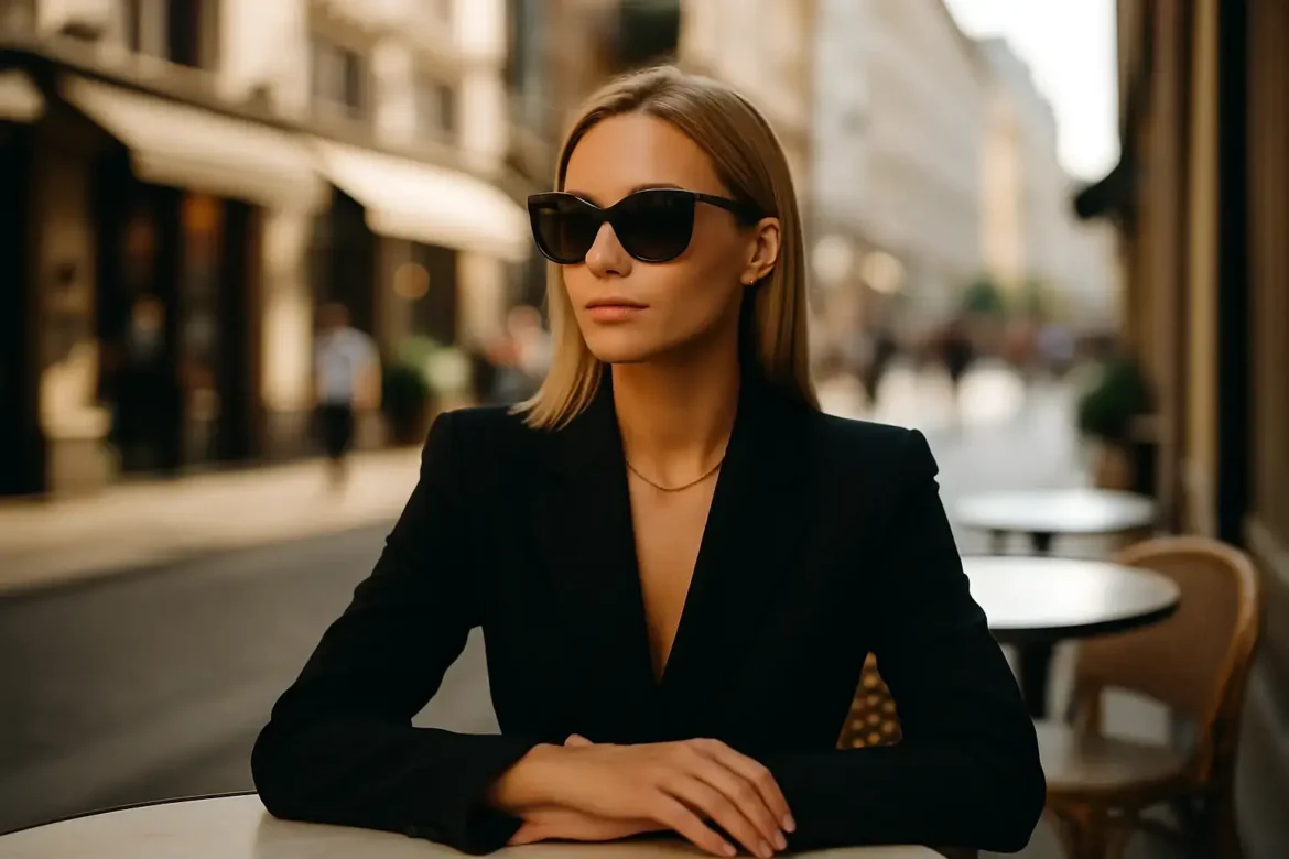 Eine elegante, blonde Escortdame mit dunkler Sonnenbrille verheimlicht Ihren Job als Escort. Eine elegante, blonde Escortdame mit dunkler Sonnenbrille verheimlicht Ihren Job als Escort durch die Alibiagentur.