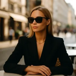 Eine elegante, blonde Escortdame mit dunkler Sonnenbrille verheimlicht Ihren Job als Escort durch die Alibiagentur.