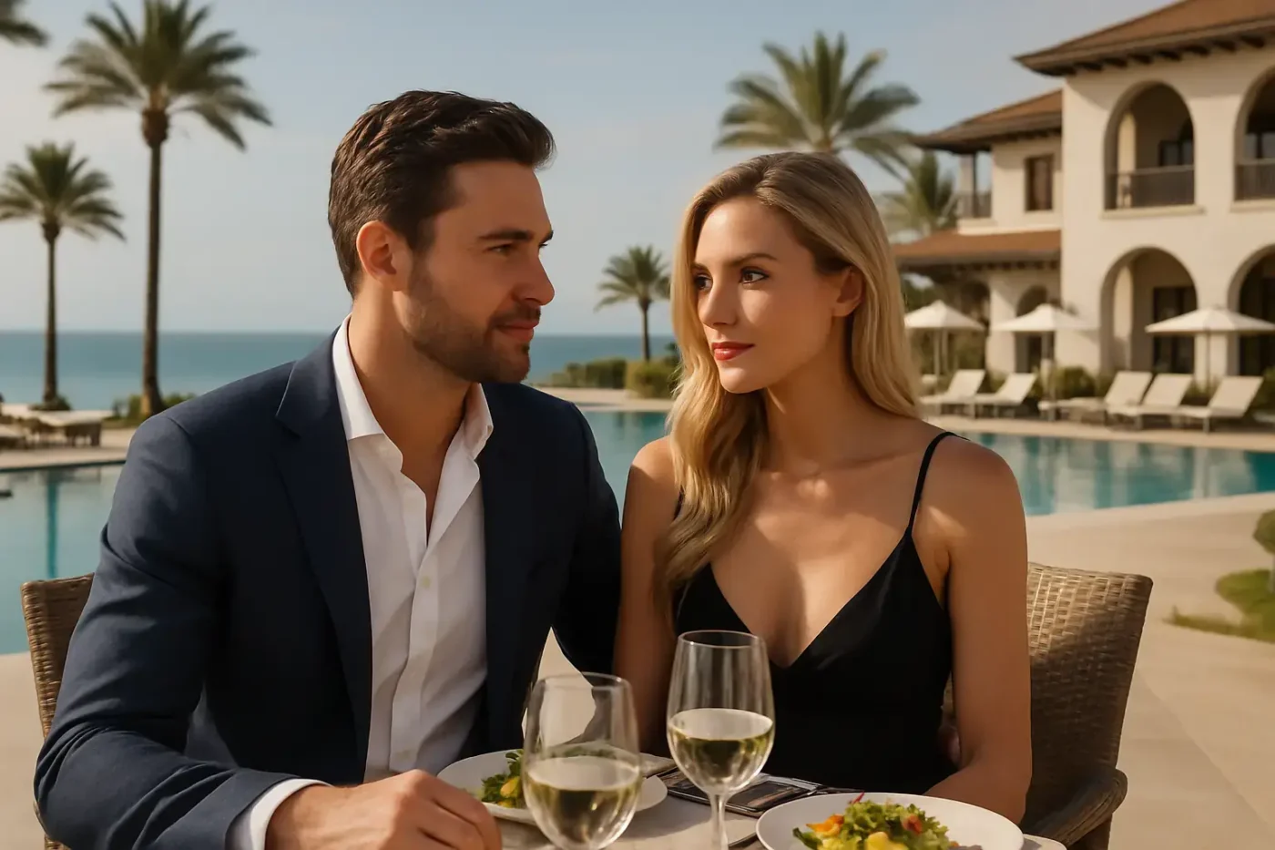 Eine Escortdame begleitet einen Kunden im Urlaub bei schönem Wetter in einem schicken Hotel.