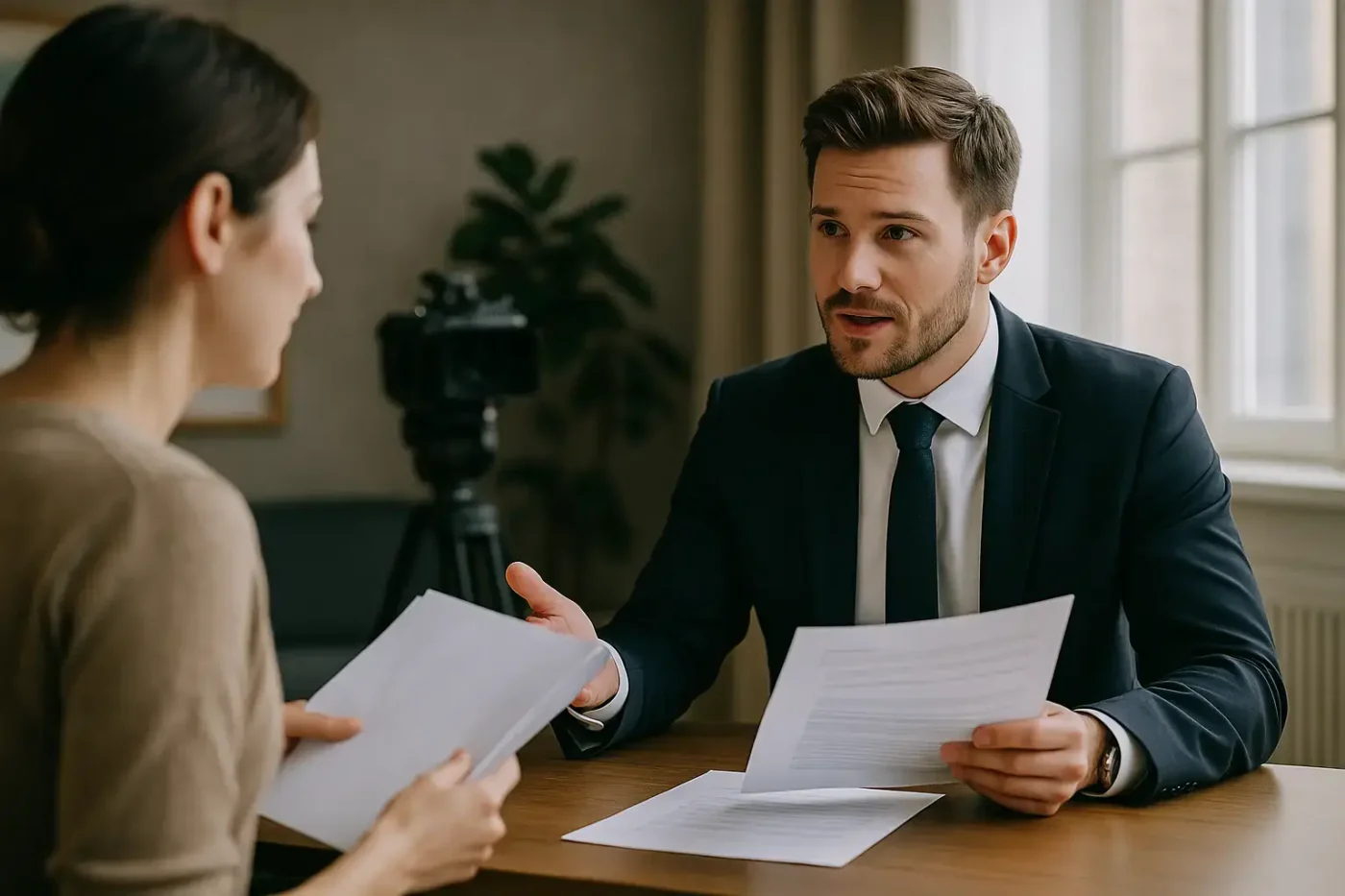 Ein Briefing in der Alibiagentur mit einer Schauspielerin und unserem Mitarbeiter.