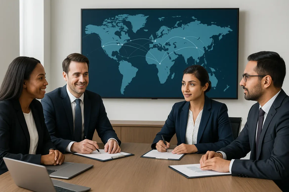 Business-Meeting mit internationalem Flair – vier Personen unterschiedlicher Nationalitäten im Konferenzraum vor einer Weltkarte, Symbol für globales Alibi-Netzwerk