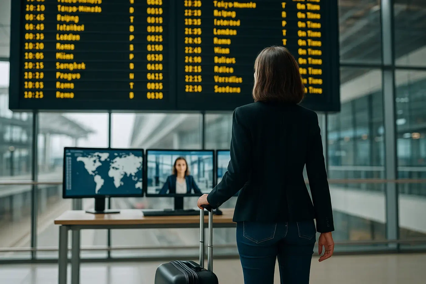 Frau mit Business-Koffer steht im Flughafen vor der Abflugtafel, Symbol für internationale Einsätze und weltweite Alibiagentur