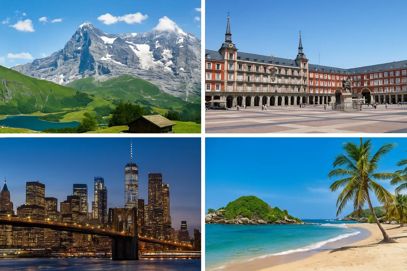 Internationale Alibiagentur: Collage mit Alpenlandschaft in der Schweiz/Österreich, Plaza Mayor in Spanien, Skyline von New York in den USA und Karibikküste in Kolumbien als Symbol für das internationale Alibi-Netzwerk