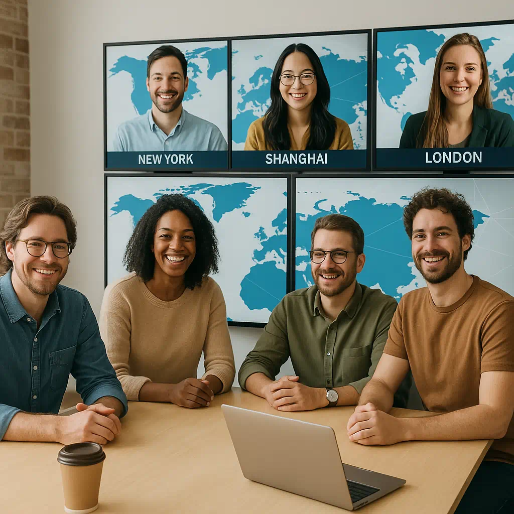 Lockeres Business-Meeting mit internationaler Videokonferenz – freundliche Teilnehmer in casual-business Kleidung vor Monitoren mit Teilnehmern aus New York, Shanghai und London, Symbol für weltweite Vernetzung