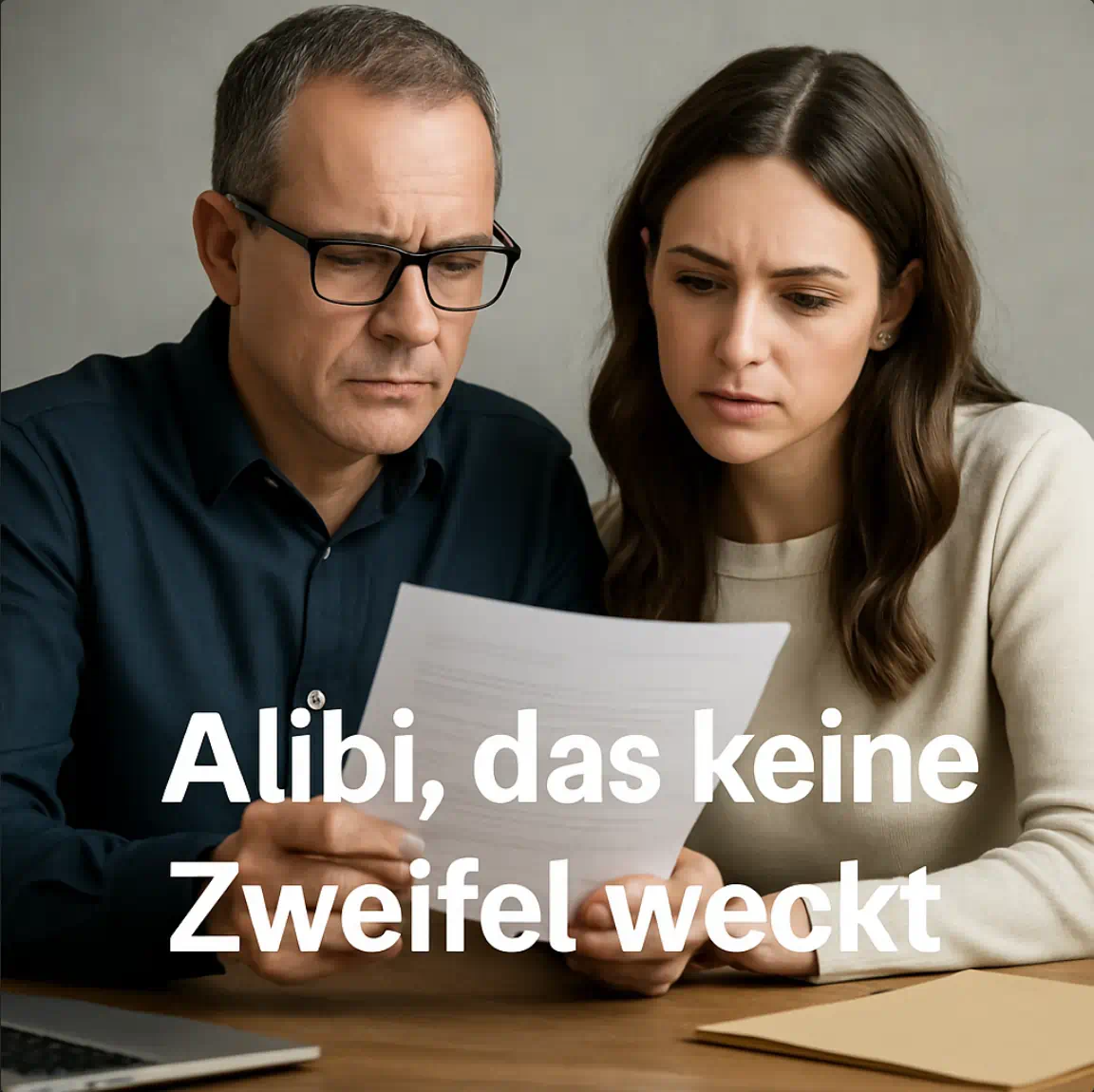 Mann und Frau prüfen gemeinsam ein Dokument – Symbol für ein Alibi, das keine Zweifel weckt.