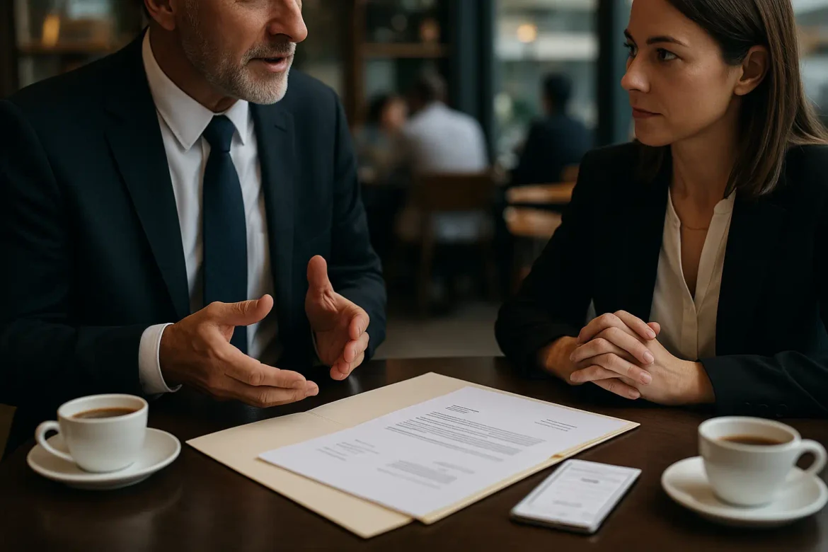Zwei Personen im Business-Outfit sprechen diskret in einem Café über Unterlagen – Symbol für eine glaubwürdige Ausrede mit Belegen. Zwei Personen im Business-Outfit sprechen diskret in einem Café über Unterlagen – Symbol für glaubwürdige Ausreden mit Belegen.