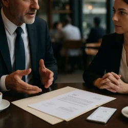 Zwei Personen im Business-Outfit sprechen diskret in einem Café über Unterlagen – Symbol für glaubwürdige Ausreden mit Belegen.