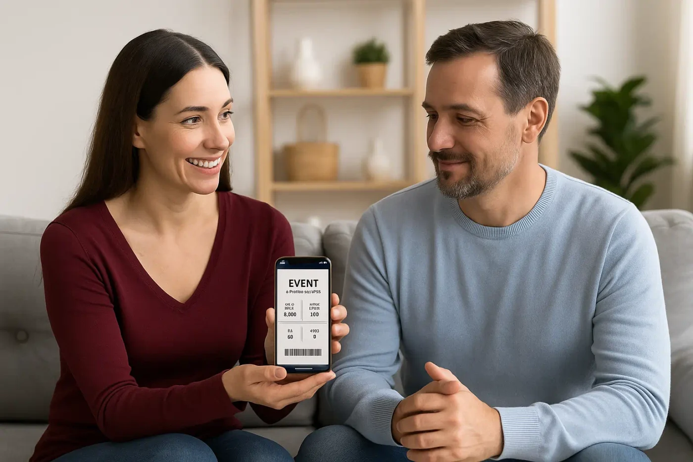 Frau zeigt ihrem Partner auf dem Sofa ein digitales Ticket auf dem Smartphone – Symbol für eine Ausrede, die niemand anzweifelt.