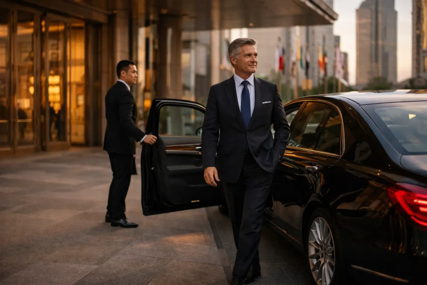 Souveräne elegant gekleidete Persönlichkeit mit Diplomatenstatus bei der Ankunft vor einem repräsentativen internationalen Gebäude mit schwarzer Limousine