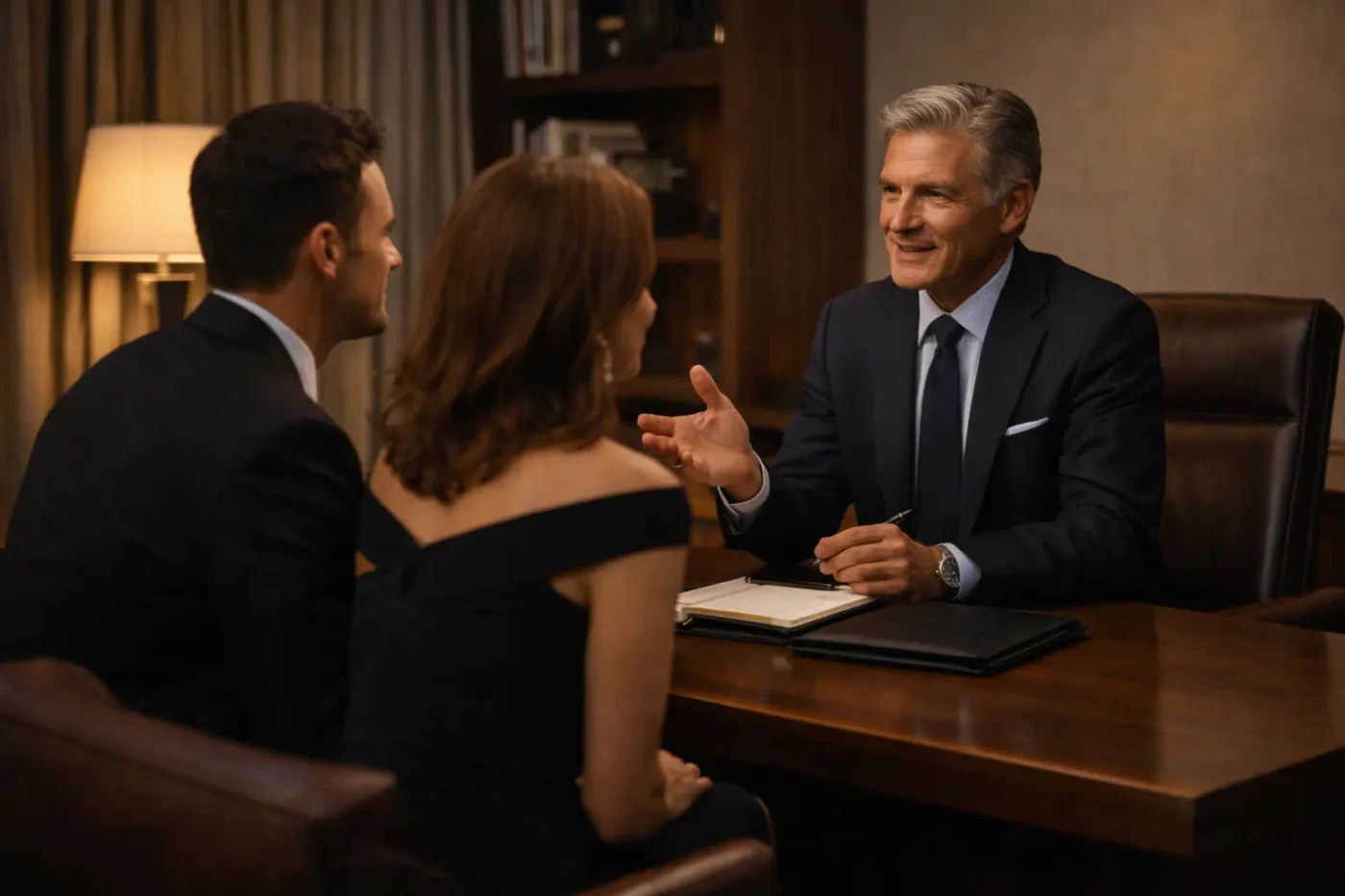 Diskretes Beratungsgespräch in einem eleganten privaten Büro mit erfahrenem Berater und stilvollem Klientenpaar
