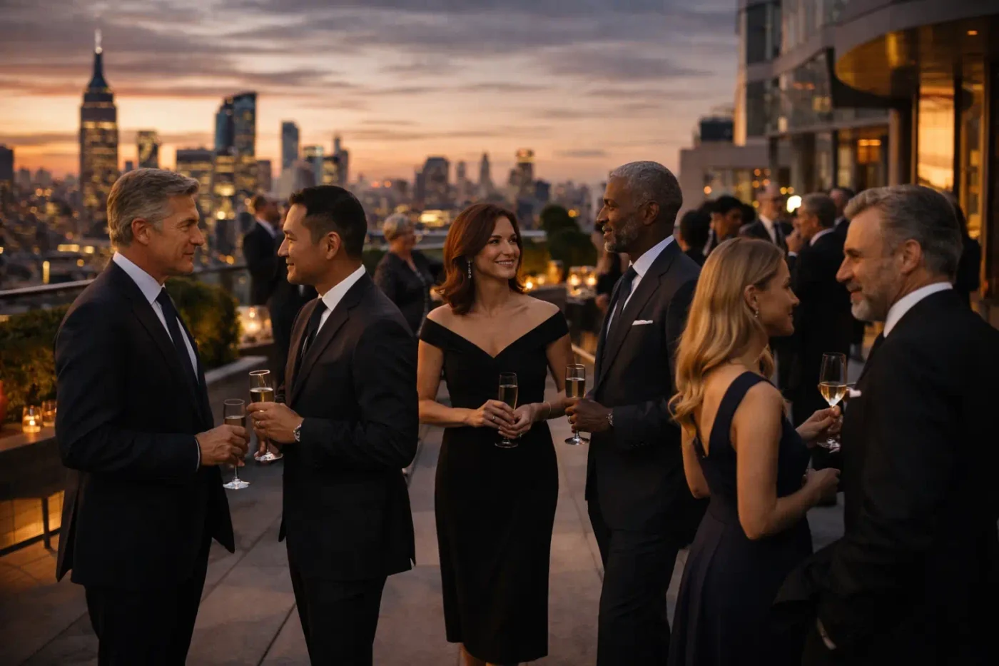 Internationaler Abendempfang auf eleganter Dachterrasse mit stilvoll gekleideten Persönlichkeiten und diskreten Gesprächen über einer Metropole