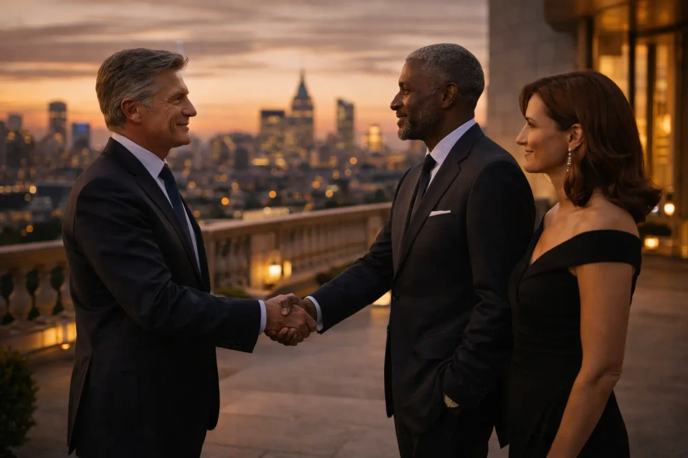 Würdevoller Handschlag zwischen elegant gekleideten Persönlichkeiten in repräsentativem internationalem Ambiente bei warmem Abendlicht